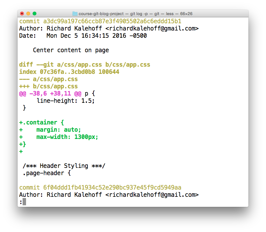 _The Terminal application showing the output of the `git log -p` command. Note - the colors in your terminal might differ._